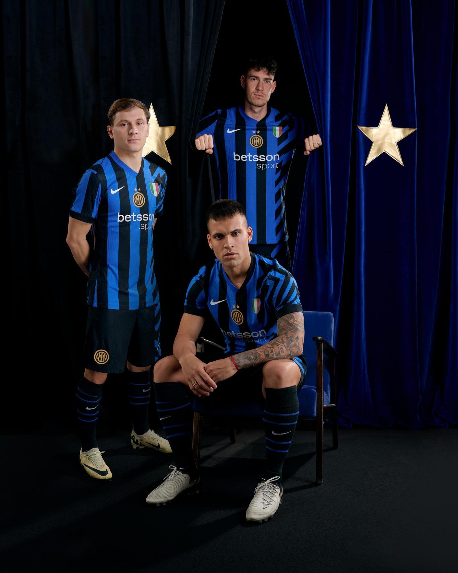 Clockwise: Inter players Nicolò Barella, Alessandro Bastoni and Lautaro Martinez wearing the new Inter kit.